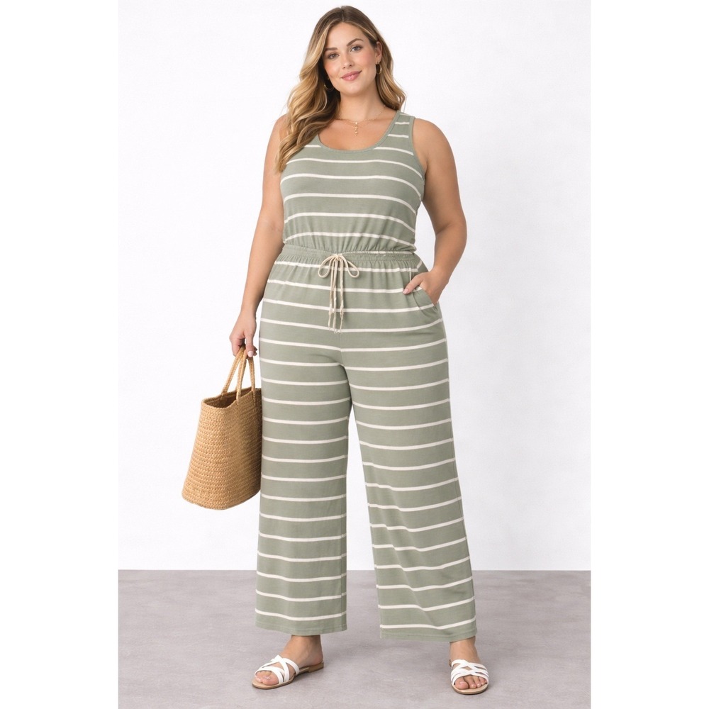 Sugar & Cream XL Sage Green White Striped Wide Leg Sleeveless Jumpsuit